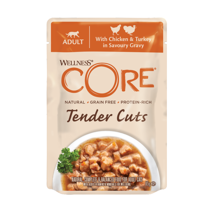 Wellness Core Tender Cuts frango e peru em molho saquetas para gatos